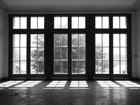 Window with Light Reflection on Tile Floor and Tree in Backlightの写真素材
