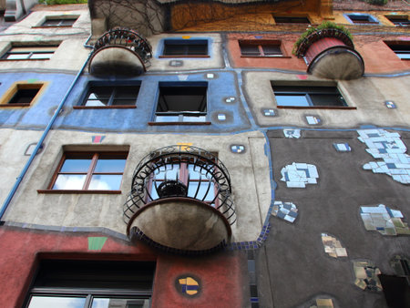 Balcony on Hundertwasser Colorful Decorated Building in Vienna Austriaの写真素材