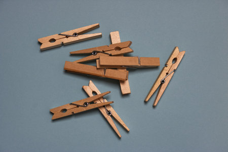 flat lay of some wooden clothespinsの写真素材