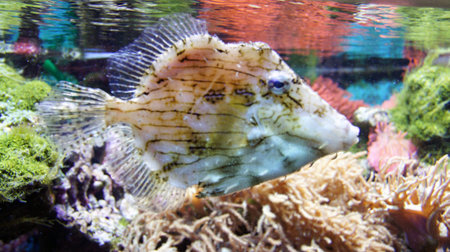 underwater life with many colorful fish and coralsの写真素材