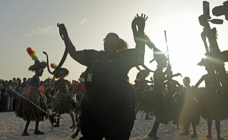 BOCA CHICA, DOMINICAN REPUBLIC, MARCH 2014: Resident people celebrate Caribbean Carnival on the Beachのeditorial素材