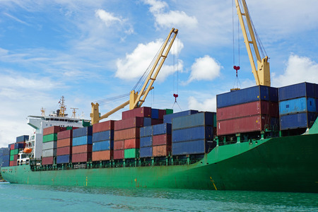 large green container vessel in tropical harborの写真素材