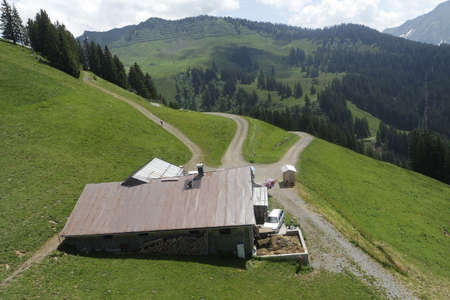 summer over gree mountains of bregenz in austriaの写真素材