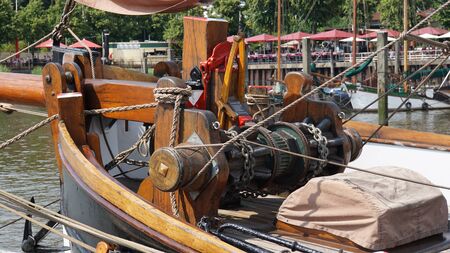 historical harbor in hamburg with sailing vessel close up