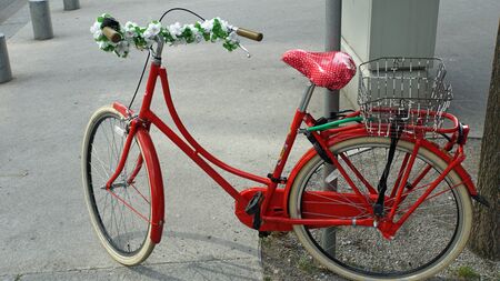 close up from colorful red old bicycleの写真素材