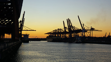 container terminal in the harbor of hamburg in germanyの写真素材