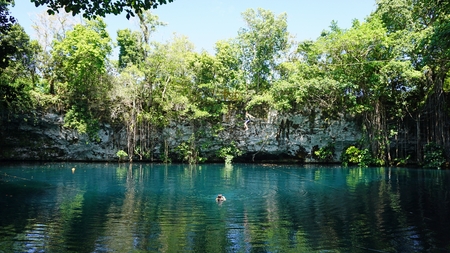 tropical lagoon in the dominican republic with zip lineの写真素材