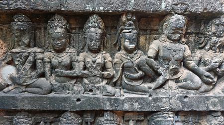 close up of wall figures in angkor watの写真素材