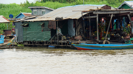 traditional floating village on tonle sap lake in cambodiaの写真素材