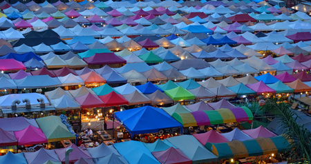 Bangkok, Thailand - February 2018: colorful shops at the train night market Ratchadaのeditorial素材