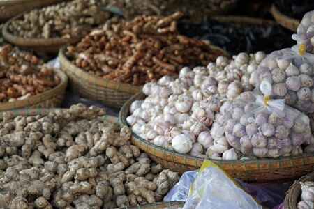 colorful local food market in hue in vietnamの写真素材