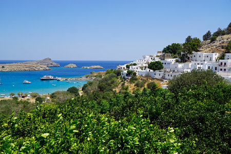 scenic viewpoint of lindos on rhodes islandの写真素材