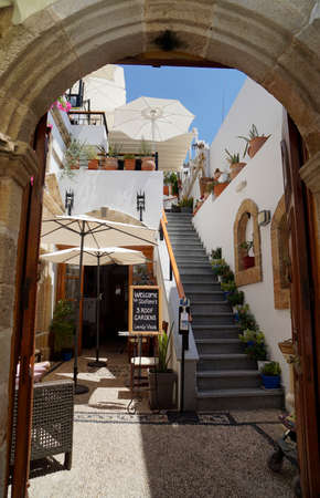 narrow alleys of Lindos on Rhoes Island in greeceの写真素材
