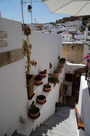 narrow alleys of Lindos on Rhoes Island in greeceの写真素材