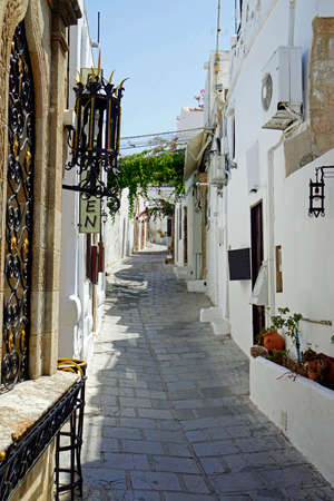 narrow alleys of Lindos on Rhoes Island in greeceの写真素材