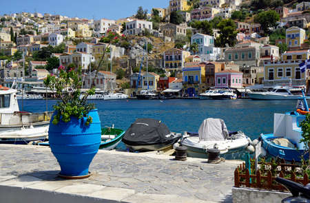 symi, greece, circa August 2021 - small village at harbor
