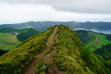 muddy path on cidade lakes on the azores island sao miguelの写真素材