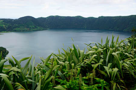 green and blue lake in cidade on the azores islands