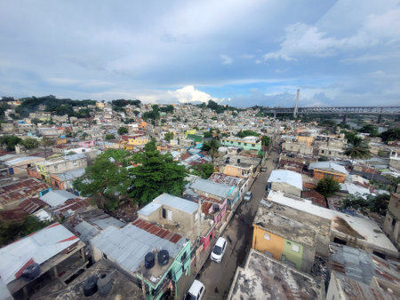Santo Domingo, Dominican Republic, cica September 2022 - aerial view over suburbs full of povertyのeditorial素材