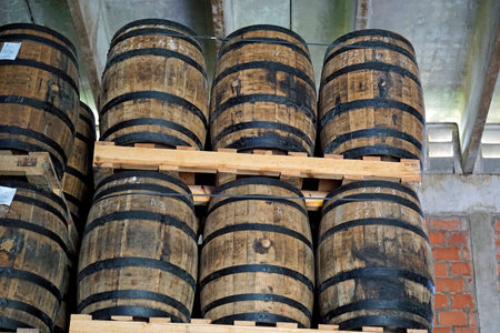La Romana, Dominican Republic, circa September 2022 - Old oak wook rum barrels in a local rum factoryのeditorial素材