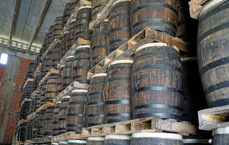 La Romana, Dominican Republic, circa September 2022 - Old oak wook rum barrels in a local rum...