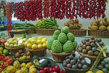 fresh products at the market of funchal on madeiraの写真素材