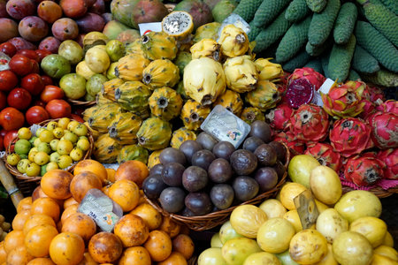 Funchal, Madeira Portugal, circa october 2022: fresh fruits and vegetables on the famous Mercado dos Lavradoresのeditorial素材