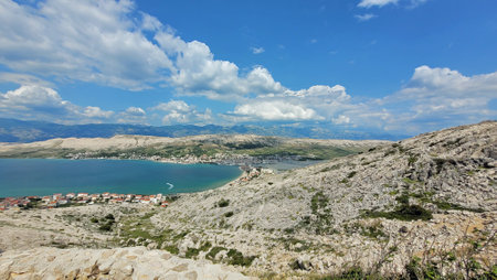 Panoramic view over Pag city in Croatiaの写真素材