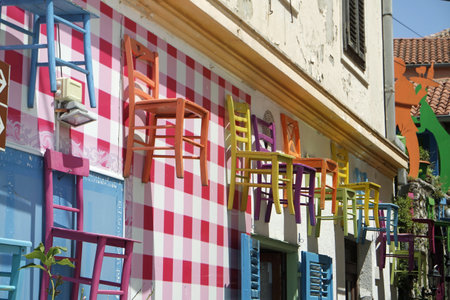 chairs outside a restaurant in dalmatia in croatiaの写真素材