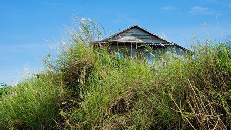 single fisherman village at the shore of tonle sap river in cambodiaの写真素材