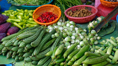 tasty fresh vegetables from a street market in battambangの写真素材