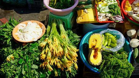 fresh vegetables from food market in phnom penh in cambodiaの写真素材