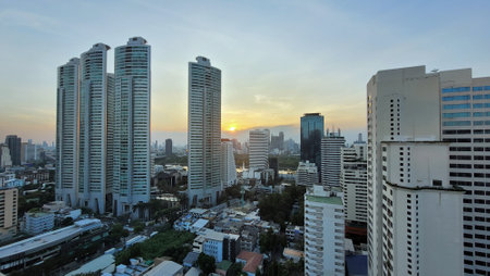 sunset over the skyline of bangkok in thailandの写真素材