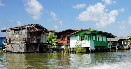 Wooden houses on the chao praya river in bangkokの写真素材