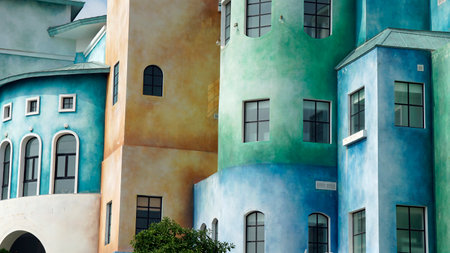 colorful painted houses in sunset town on phu quoc islandの写真素材