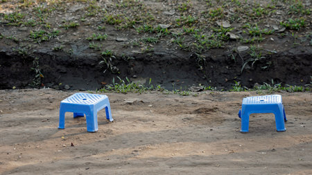 typical asian tiny blue chairs on the ground
