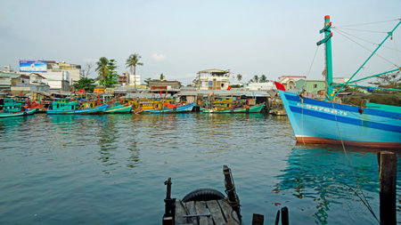 Phu Quoc, Vietnam - circa February 2024: traditional fishing boats in the harborのeditorial素材