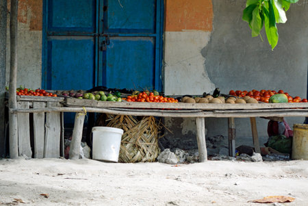 simple fruit stall in a local village on Zanzibar islandの写真素材