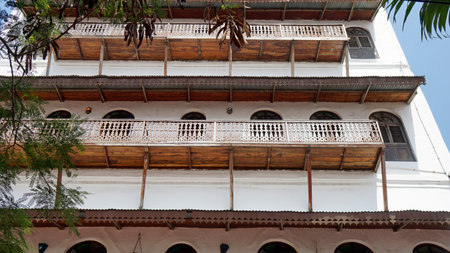 traditional wooden balcony in stone town, tanzaniaの写真素材