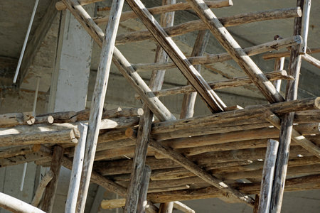 simple wooden scaffolding on a construction site in Zanzibarの写真素材