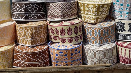 traditional Muslim headwear on a local market in Zanzibar
