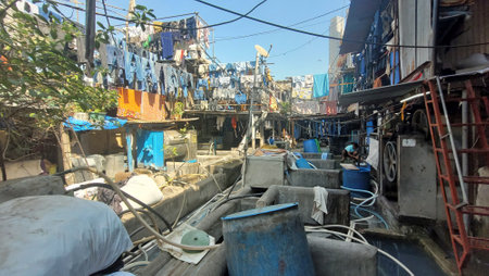 laundry at the dhobi ghat slum in mumbai in indiaの写真素材