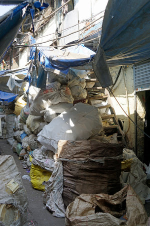 plastic recycling at the dharavi slum in mumbai in indiaの写真素材