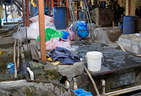 laundry area at the dhobi ghat slum in mumbai in indiaの写真素材