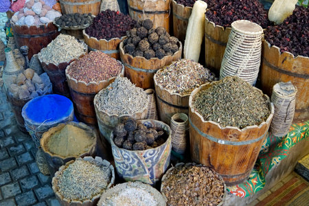traditional baskets containing dried spices in Egyptの写真素材