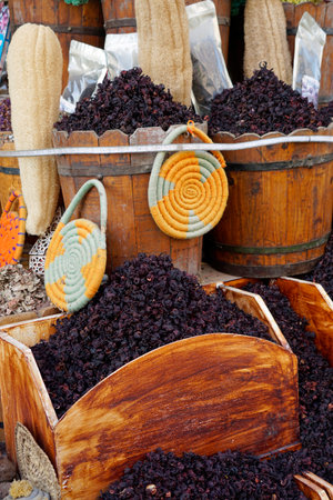 traditional baskets containing dried spices in Egyptの写真素材