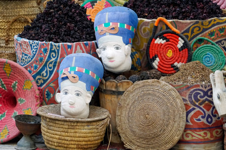 traditional baskets containing dried spices in Egyptの写真素材