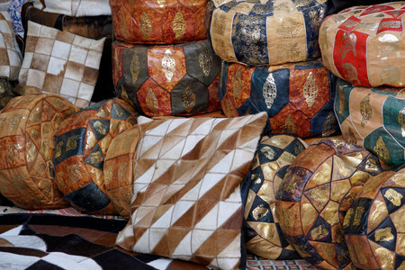 Pile of colorful leather poufs in the streets of El Quseirの写真素材