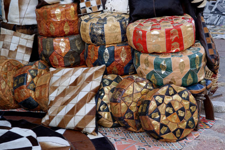 Pile of colorful leather poufs in the streets of El Quseirの写真素材