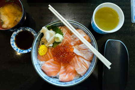 Bowl of Japanese salmon don  sushi rice  